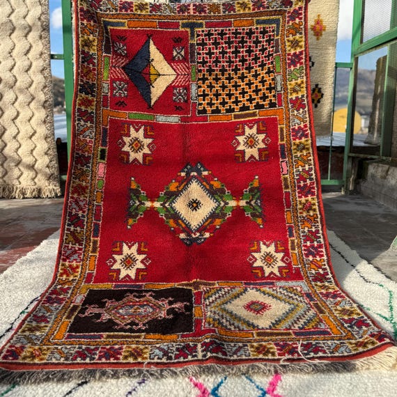 Hand-Knotted Red Wool Rug • Tribal Boho Oriental, 5x8 8x10