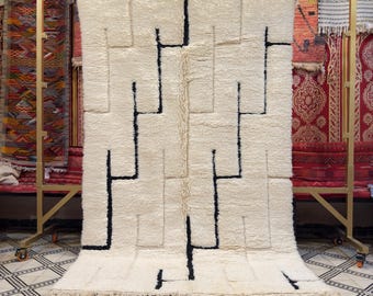 Alfombra marroquí de lana hecha a mano: decoración bohemia en blanco y negro (3 x 1,9 m)