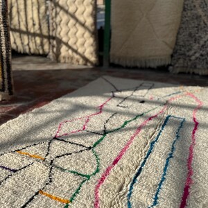 Puede incluir: Una alfombra rectangular de color blanquecino con un dise&ntilde;o geom&eacute;trico. La alfombra presenta un patr&oacute;n de l&iacute;neas negras, rosas, verdes, azules y amarillas. La alfombra est&aacute; hecha de un material suave y texturizado.