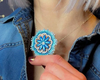 Blue, Aqua, and Silver Pendant Necklace Repurposed Vintage Lacquered Lace Daisy Retro Flower Silver Chain Gift for Her FREE SHIPPING!