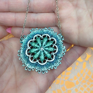 Vintage Antique Lacquered Lace Doily Floral Emerald Green Teal Silver Delicate Feminine Necklace Unique Gift FREE SHIPPING!