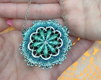 Vintage Antique Lacquered Lace Doily Floral Emerald Green Teal Silver Delicate Feminine Necklace Unique Gift FREE SHIPPING!