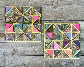 Colorful Geometric Abstract Hand Painted Modern Quilt Collage Square Wall Art on Repurposed MDF Board FREE SHIPPING!
