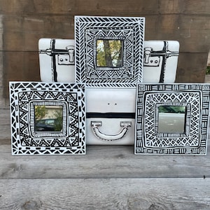 Black White Boho Chic African Inspired Accent Mirrors Geometric Hand-Painted FREE SHIPPING!