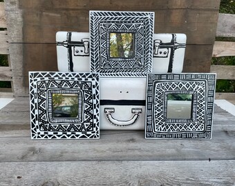 Black White Boho Chic African Inspired Accent Mirrors Geometric Hand-Painted FREE SHIPPING!