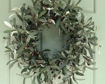 Olive Branch Wreath with Black Olives | Realistic Olive Leaf Front Door Wreath | Farmhouse Greenery Wreath | Year Round Decor