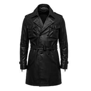 Men&#39;s Real Leather Trench Coat: Black Military Style Double Breasted Overcoat