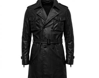Men’s Black Real Leather Trench Coat – Military Style Double Breasted Overcoat – Handmade Vintage Fashion