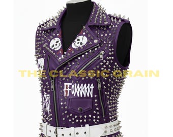 Men's Punk Battle Spiked Leather Vest, Red Black Radiohead Skull