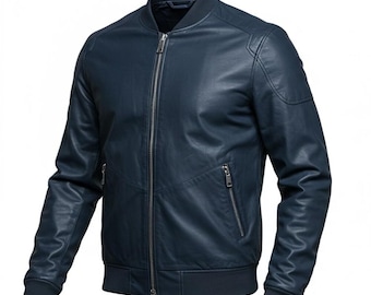 May include: A navy blue leather bomber jacket with a zip-up front closure, two side pockets, and ribbed cuffs and hem. The jacket has a classic bomber style with a stand-up collar and shoulder detailing.