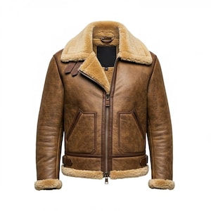 May include: A brown leather jacket with a shearling collar and lining. The jacket features a zip-up front, two front pockets, and buckle details at the waist and collar. The jacket is a classic aviator style.