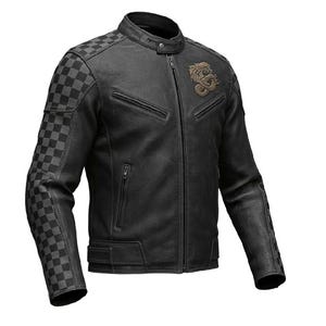 Men’s Black Leather Biker Jacket with Gold Dragon Patch – Vintage Moto Style, Checkered Sleeves, Streetwear Motorcycle Jacket