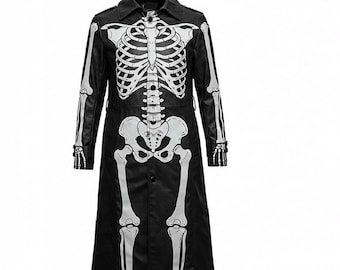 Men’s Skeleton Leather Trench Coat | Gothic Long Coat | Halloween Cosplay Punk Rock Jacket