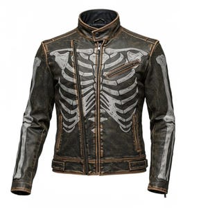 Real Leather Skeleton Jacket Men’s Biker Vintage Bones Design Motorcycle Coat Gothic Punk Rockwear Halloween Costume Outfit