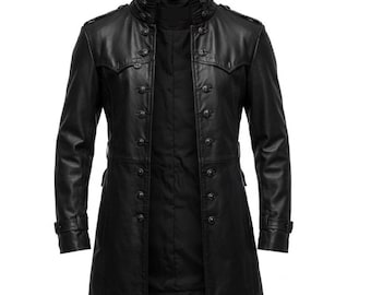 Men’s Black Leather Trench Coat | Double-Breasted Long Jacket | Steampunk Gothic Military Style Overcoat