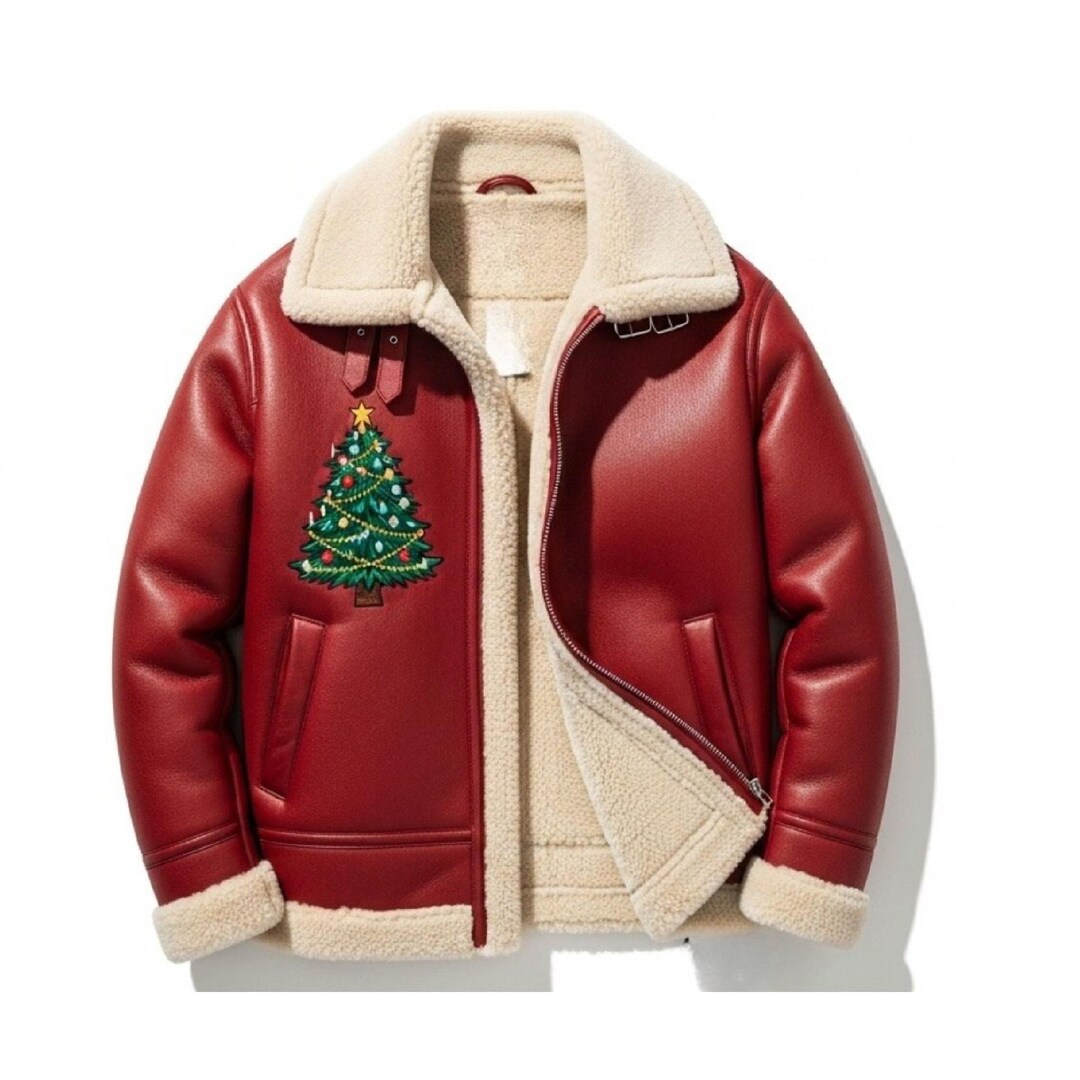 Men’s Red Christmas Tree Leather Jacket, Handmade Shearling Bomber Warm ...
