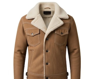 Men’s Tan Suede Leather Jacket with Sherpa Collar, Western Vintage Winter Coat Snap Buttons