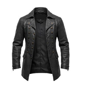 May include: Black leather jacket with a double-breasted design. The jacket features a notched collar, long sleeves, and multiple brass-colored buttons. It has two front pockets and a tailored fit, suitable for outerwear.