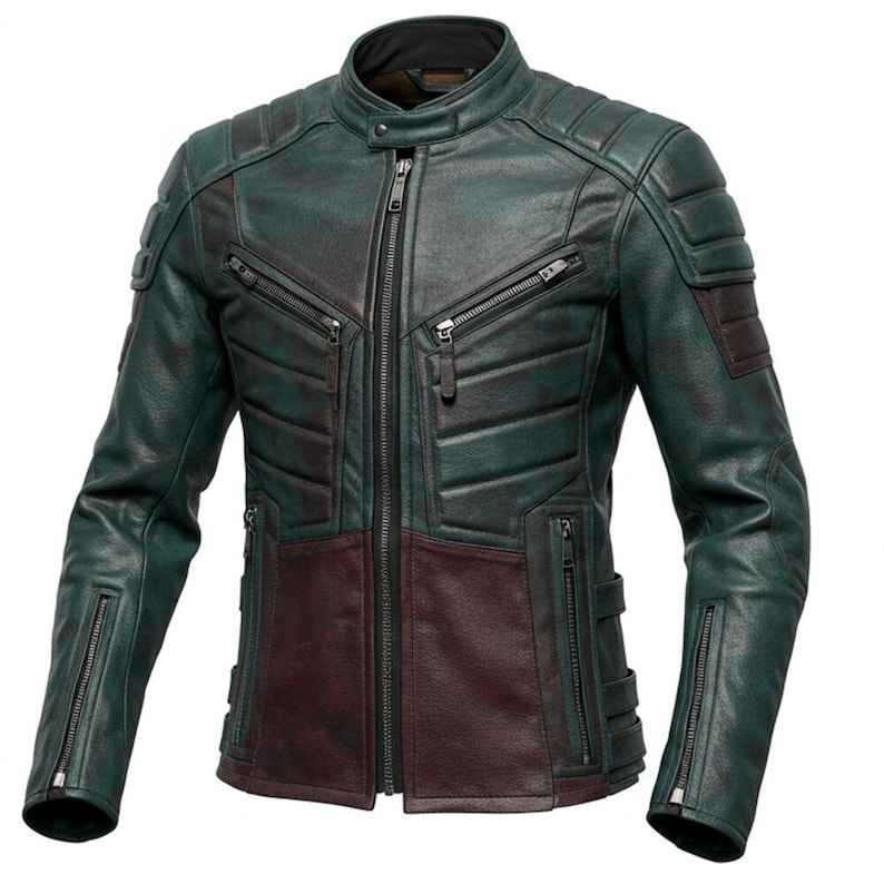 Men's Real Leather Moto Jacket Green Burgundy | Padded Biker Style Slim ...