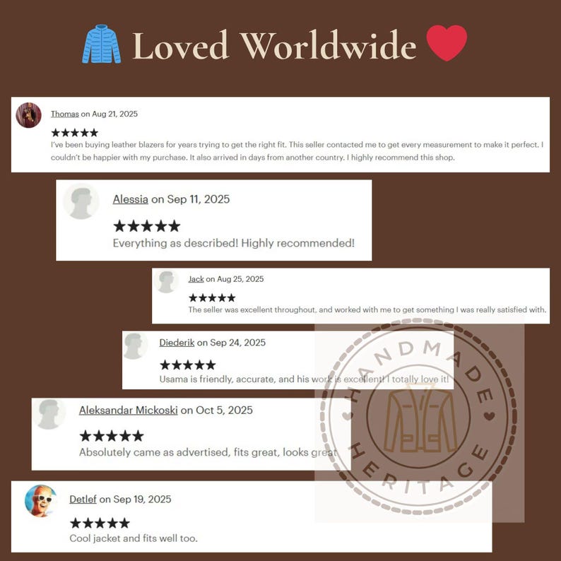 以下が含まれることがあります： 「Loved Worldwide」のテキストが入った、製品の顧客レビュー画像。レビューには星評価と、フィット感、品質、カスタマーサービスに関するコメントが含まれています。ハートのアイコンも表示されています。