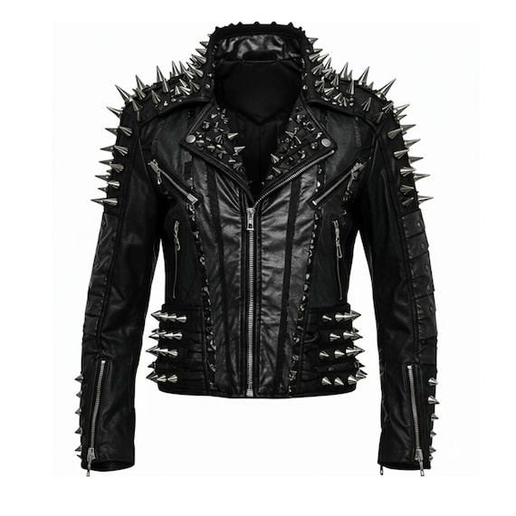 real leather punk jacket Y2K ロンジャン Men's Spiked Leather Jacket – Handmade Real Cowhide Punk Jacket
