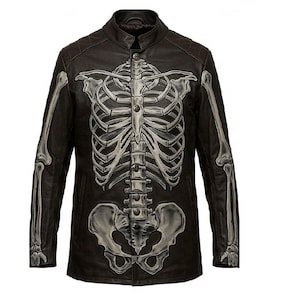 Men’s Leather Jacket Skeleton Front & Flaming Skull Back | Gothic Biker Halloween Coat
