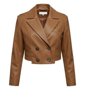 Cropped Leather Jacket Women – Tan Brown Real Sheep Leather Jacket | Handmade Blazer Style Double Breasted Coat, Custom Fit Womens Fashion