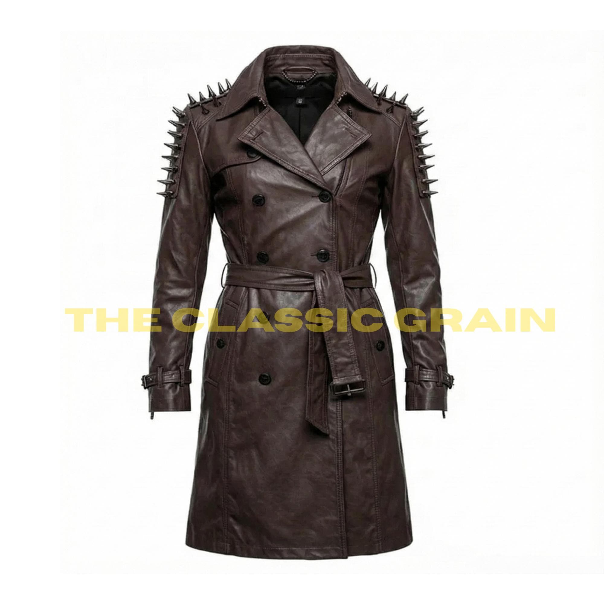 Men's Grey Leather Trench Coat – Gothic Punk Spiked Shoulder