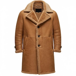 May include: A brown, long coat with a shearling lining and collar. The coat has a button-up front, two front pockets, and buttoned cuffs. The coat is made of a leather-like material and is designed for cold weather.