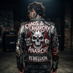 Puede incluir: Chaqueta de cuero negra con un gráfico de calavera y las palabras "Chaos & Anarchy" y "Anarchy Rebellion". La chaqueta tiene púas plateadas en los hombros y un detalle de cadena. También se ven las palabras "Punk Isn't Dead".