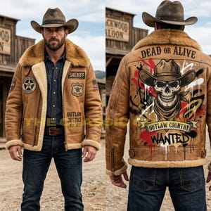 Real Fur Shearling Men's Leather Jacket – Handmade Western Cowboy Biker Coat Custom Patches Gift for Him – Outlaw Style