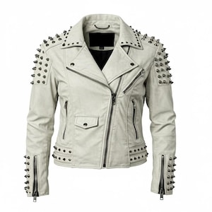 White Leather Biker Jacket with Skull Design, Spiked Studded Shoulders, Punk Rock Style Motorcycle Jacket for Men