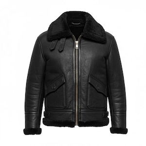 Men's Black Real Shearling Leather Jacket with Soft Wool Collar and Zip Front – Warm, Stylish Winter Outerwear for Bikers