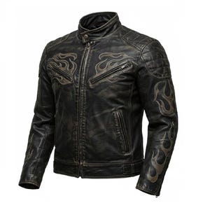 Vintage Black Leather Jacket with Flame Design – Biker Style, Skull Design Distressed Moto Jacket for Men – Stylish and Durable Outerwear