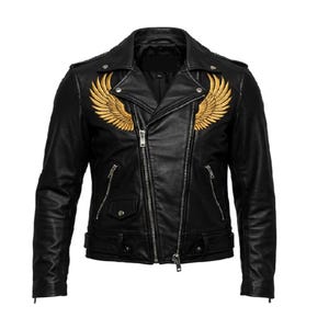 Men’s Black Leather Jacket with Phoenix and Wing Design, Stylish Biker Jacket with Gold Embroidery, Trendy Moto Outerwear