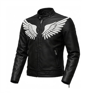 May include: Black leather jacket with white embroidered wing design on the chest and shoulders. Features a stand-up collar, zip closure, and multiple pockets. A stylish outerwear piece.