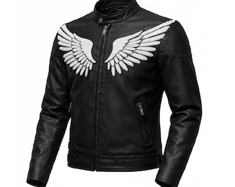 Men's Black Leather Biker Jacket: Angel Wing Patch, Gothic