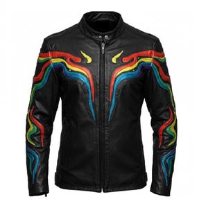 Rainbow Leather Jacket with Colorful Stripes for Men & Women, Stylish Biker Jacket, Trendy Moto Jacket, Black Leather Fashion Outerwear