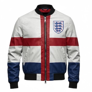 May include: White, red, and blue bomber jacket with the England national team emblem on the chest. The jacket features a full-length zipper and a black collar and cuffs. The design incorporates the English flag.