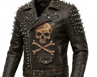Men's Real Cow Leather Brown Distressed Skull Biker Motorcycle
