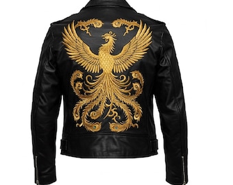 Schwarze Leder-Bikerjacke für Herren - Phoenix Wing-Stickerei-Mantel - Handgefertigter Moto Fire Design-Stil