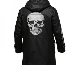 Men’s Black Leather Skull Coat – Gothic Punk Rock Trench Jacket – Handmade Vintage Biker Style