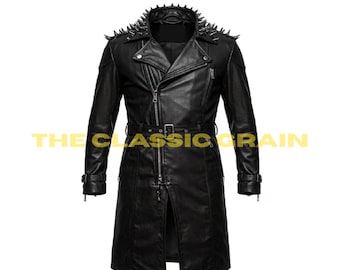 Men’s Black Leather Trench Coat – Gothic Punk Spiked Biker Jacket – Long Moto Outerwear Style