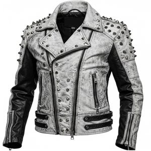 May include: A distressed white and black leather jacket with silver metal studs and zippers. The jacket features a classic biker style with a notched collar, asymmetrical zipper closure, and black leather sleeves.