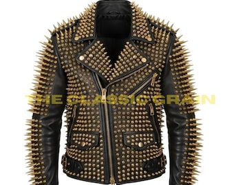 Herrjacka med svart guldfärgade nitar och spikar, punkmetall, battle cowhide, specialdesignad bikermotorcykel