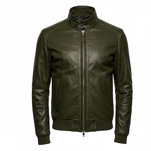 Men&#39;s Olive Green Leather Bomber Jacket: Slim Fit Fall/Winter Outerwear