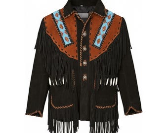 Men’s Brown Suede Fringe Cowboy Jacket with Beads, Vintage Native Leather Coat Shirt Collar