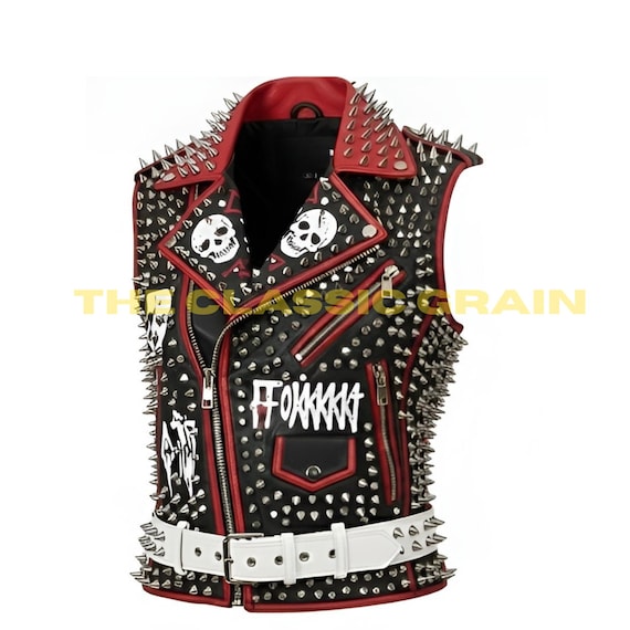 Men's Punk Battle Spiked Leather Vest, Red Black Radiohead Skull