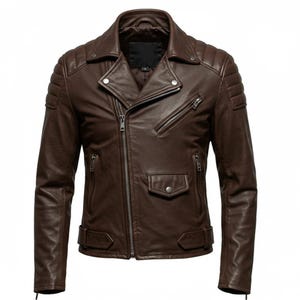 Men&#39;s Brown Leather Biker Jacket with Quilted Shoulders - Motorcycle Moto Fashion Outerwear, Stylish & Durable Men&#39;s Jacket