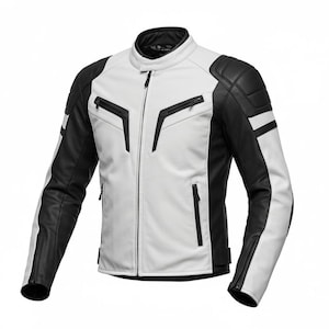 May include: A white and black motorcycle jacket with a stand-up collar and multiple zippered pockets. The jacket features black leather panels on the shoulders and sleeves, with white panels on the front and back. The jacket has a streamlined, modern design.